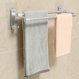 Hawsam Sin Taladrar Doble Toallero de Baño - Barra de Toallas Adhesivo de Aluminio Toalleros de Almacenamientos con 2 Ganchos (1 Pieza)