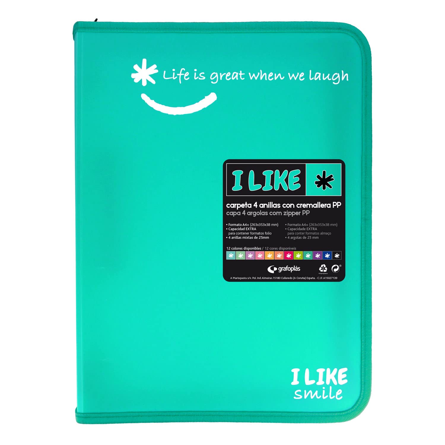 Grafoplás 4800936 Ring Binder with Zipper, A4+, Turquoise, 4 Rings 25 mm, Like, Polypropylene