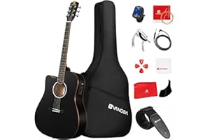 Vangoa Left Handed Acoustic Electric Guitar Kit for Adult Beginner Full Size Cutaway Lefty Acoustic Guitar Bundle Set with Built-in 4 Band EQ Bag Tuner Cable Strap Capo String, Matte Black