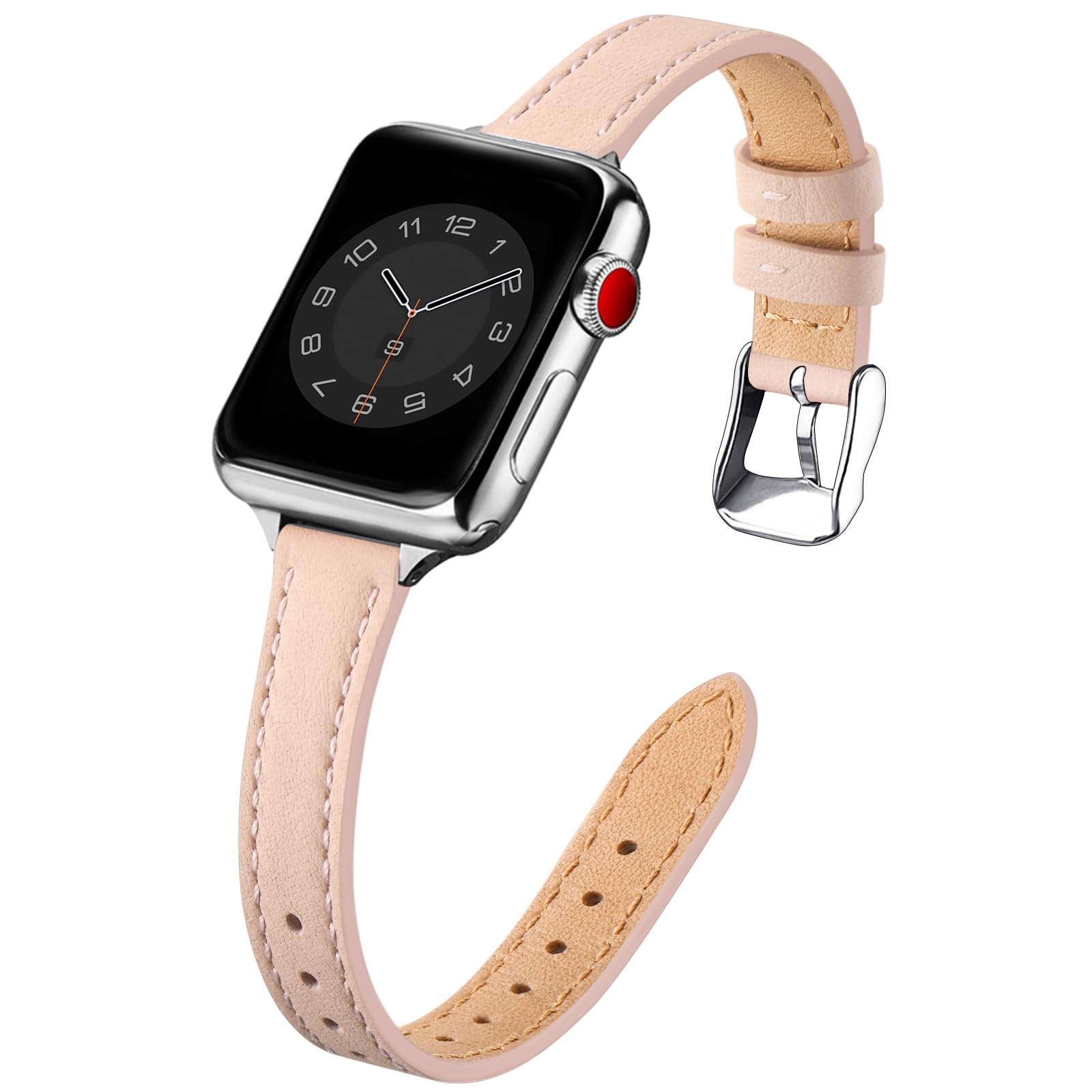 SUNFWR Compatible with Apple Watch Strap 42mm 44mm 45mm,Genuine Leather Strap Replacement,Slim&Thin Wristband for iwatch Series 7/6/5/4/3/2/1,SE(42mm 44mm 45mm,Pink sand&Silver)