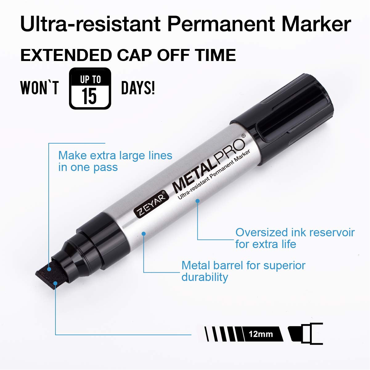 ZEYAR Permanent Marker Pens, JUMBO Size, Aluminum Barrel, Set of 2, Premium Waterproof & Smear Proof Markers, Quick Drying, Writes on most surfaces (Black)