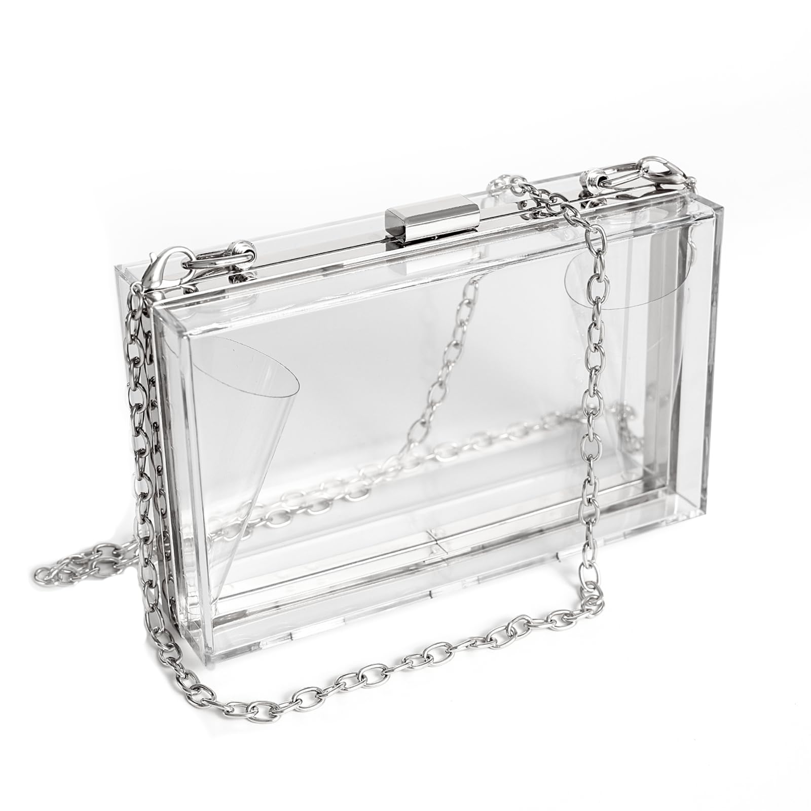 Photo 1 of WJCD Women Clear Purse Acrylic Box Clutch Handbag, Small Transparent Crossbody Evening Bag Stadium Approved Gold Chain Strap (Silver)