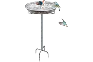KHayRovies Metal Bird Bath for Outdoors Garden Birdbath Bowl, 36.2" Height Freestanding Bird Feeders for Outside with 4 Prongs Base Stake, Standing Birdfeeders for Yard Lawn Decor (Retro Silver)