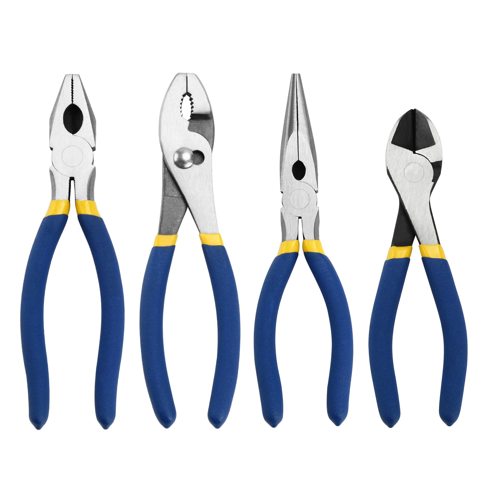 TMZDCJK 4 Piece Basic Pliers Set, 185 mm Side Cutter 205 mm Linesman, Long Nose Plier, Slip Joint Plier Multifunctional Tool Kit for Jewelry Making Household Repair (Blue)