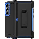 RubCase for Samsung Galaxy S25 Ultra Case with 2X Screen Protector, Dual Layer Bumper Cover with Belt Clip Holster & Kickstand, Full Body Heavy Duty Phone Case for Galaxy S25 Ultra 5G (Black/Blue)