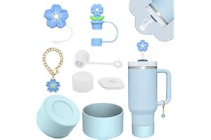 VIKGLE Stanley Cup Accessories Set,Including 2 Pcs 0.4in Straw Cover, 1 Silicone Spill-Proof Stopper Set of 3, 1 Cute Flower Handle Charm, 1 Silicone Boot Fits Stanley 40&30 Oz Tumbler (Blue)