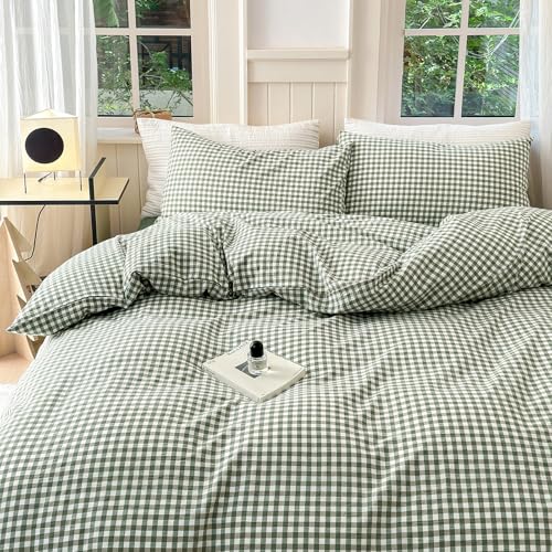 LifeTB Green Grid Gingham-Bettbezug, Queen-Size-Bett, 3-teilig, grün kariert, Bettbezug mit 2 Kissenbezügen, 100% Gewaschene Baumwolle, Gittermuster,