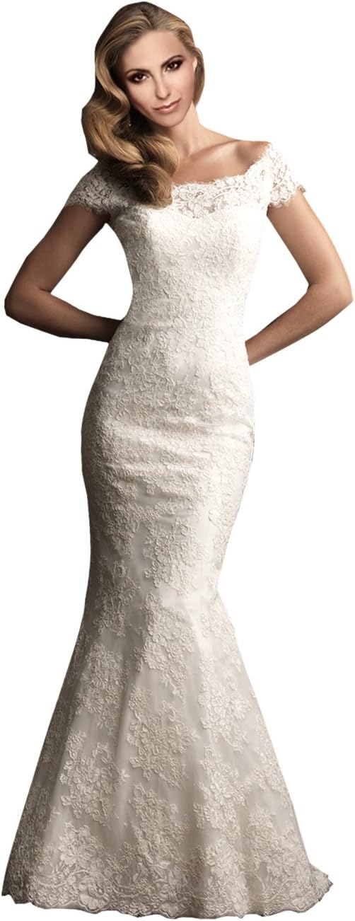 ZHUOLAN White Off-the-shoulder Lace Mermaid Wedding Dress