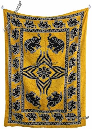Amitus Exports(TM) Premium Quality 1 X Elephant Batik Approx. 79"x 54" Inches Yellow Black Color Cotton Fabric Tapestry Hippy Indian Mandala Throws (Handmade In India)