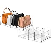 SURETIVIAN 2-Pack Purse Organizers for Closet, Adjustable Small Shelf Divider Rack for Closet, Clear Handbag Storage Organizer, Plastic Bookshelf Separator Divider for Bedroom Living Room Office