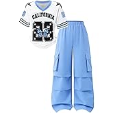 Afsmlys Tween Girls Clothes Short Sleeve Graphic T-Shirt Top + Cargo Pants 2pcs Outfit Set, Size 7-15Years