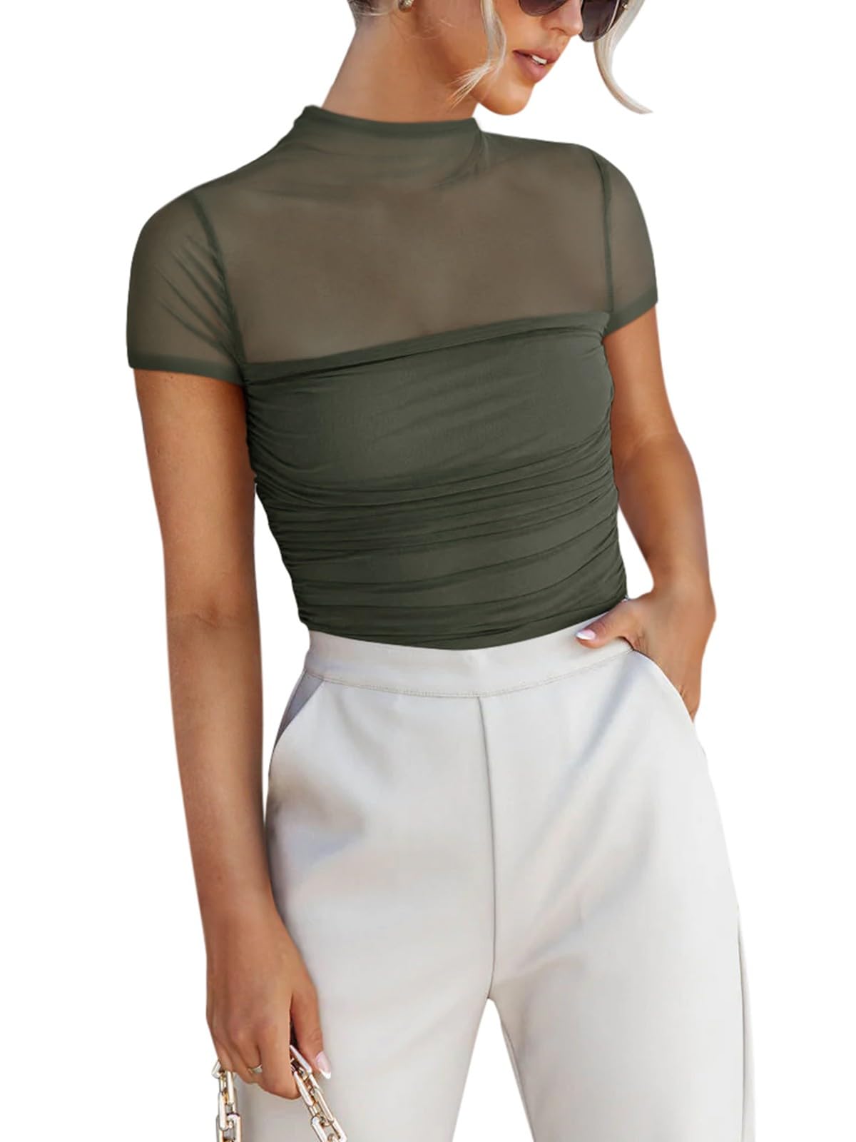 Photo 1 of REORIA Sexy Bodysuits for Women Classic Mock Turtle Neck Short Sleeve Slim Fit Shirts Sheer Mesh Ruched Trendy Going Out Tops Cute Office Bodysuits Grey Green Large