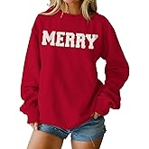 IZYJOY Christmas Women's Merry Graphic Sweatshirt Chenille Patch Letter Printed Crewneck Xmas Gifts Oversized Pullover Top