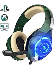 Beexcellent Cuffie Gaming Xbox One PS4, Multi-Platform Bassi Profondi Over Ear Confortevole Cuffia con Microfono Isolamento Rumore di Controllo del Volume LED per PC (green)