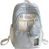 UINSUE Kawaii Backpack Double Shoulder Bag with Cute Star Removable Pouch Small Clear Front Pocket Large Capacity Fits 16" Laptop Dopamine Colors Daypack (Blue)