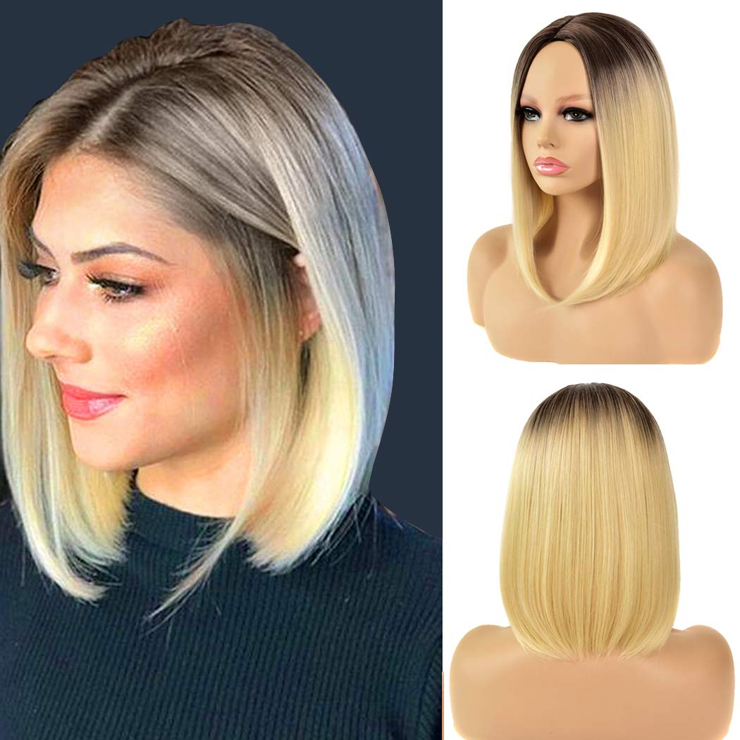 Kreesi Short Blonde Wigs for Women Synthetic Straight Blonde Bob Wig with  Dark Brown Roots Shoulder Length Blonde Ombre Wig Middle Part Heat Resistant