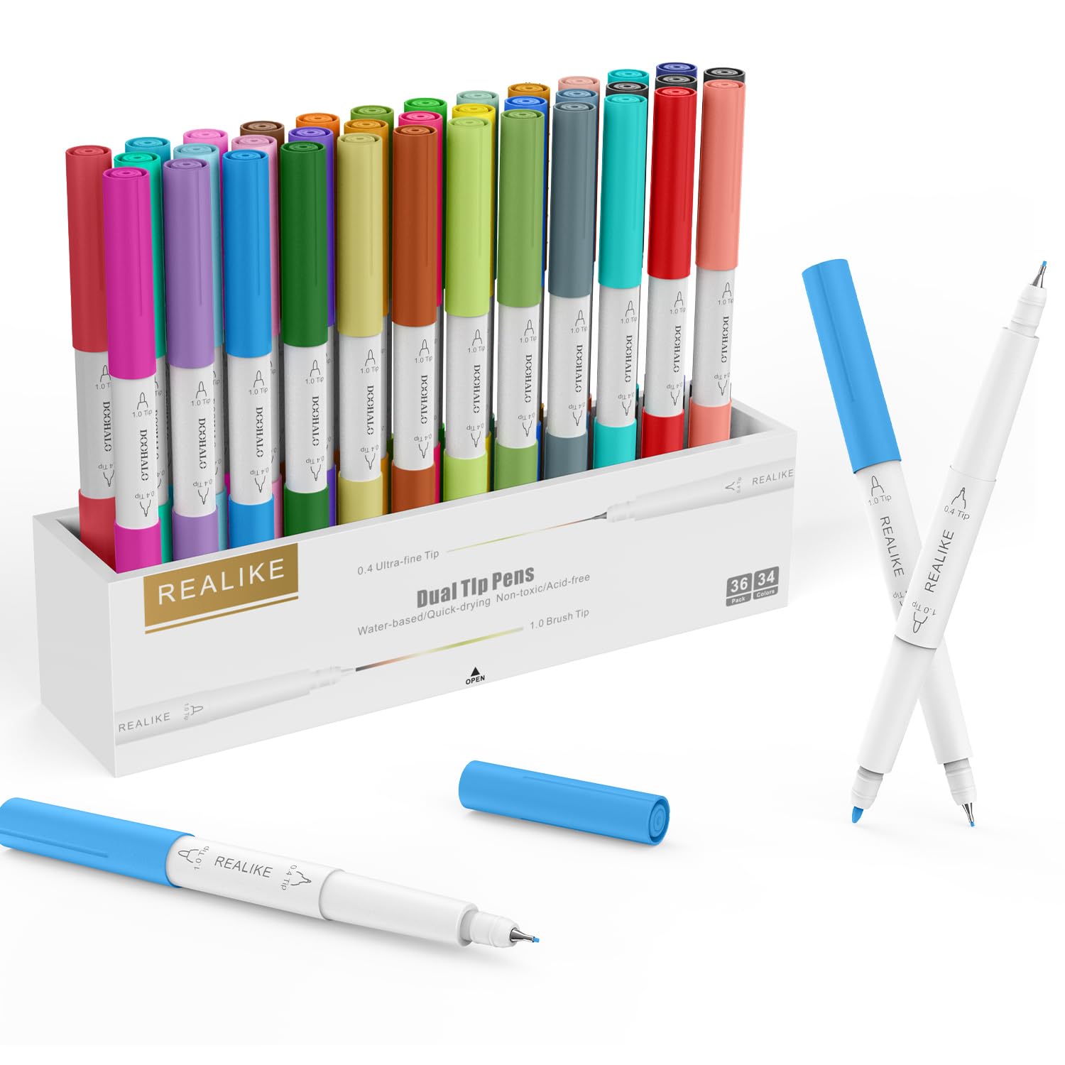 REALIKE Dual Tip Pens Set Compatible with Cricut Maker 3/4/Explore 3/Air 2/Air Fine Point Pen Write Drawing Compatible with Drawing machines 0.4 Tip and 1.0 Tip (36 pack with 33 colors)