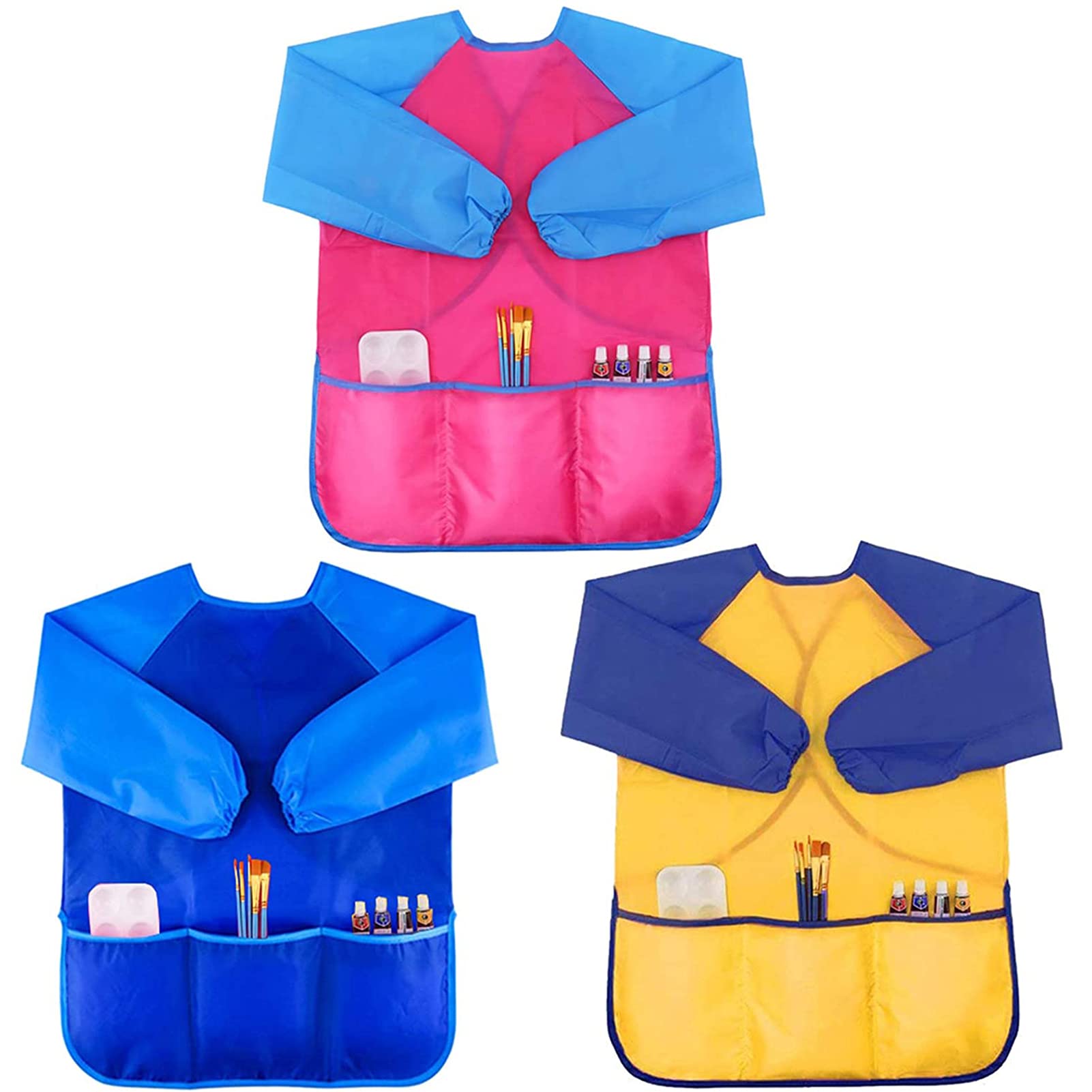 URSKYTOUS 6Pcs Kids Art Smocks, Toddler Smocks, Waterproof Smock for Kids Painting, Colorful Children Aprons, Artist Painting Smock, Long Sleeves With 3 Roomy Pockets, Age 3-7 Years