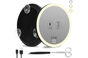 SUUPVAOR 10x Magnifying Mirror with Light, 3 Color Modes Dimming 6'' Lighted 10x Magnified Mirror with 3 Suction Cups, Rechargeable Travel Magnifying Makeup Mirror 10x Magnification with Tweezers & Scissors