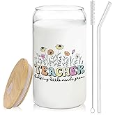 BEHIFL Floral Teacher Glass Cup Lids and Straws 14oz, Kindergarten Teacher Gifts for Women, Teachers Appreciation Gifts Glass Iced Coffee Tumbler Drinking Jars with Cleaning Brush