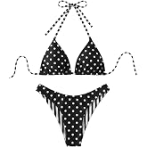 WDIRARA Women's 2 Piece Floral Striped Halter Bikini Set Triangle Swimsuit | String Thong, High Cut, Cute Bathing Suit, Reversible Bikini, Polka Dots