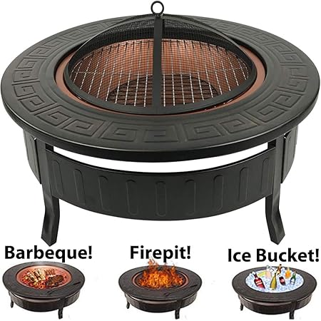 Raygar 3 In 1 Feuerstelle Rund Fur Grill Eiskasten Terrassenstrahler Feuerschale Aus Metall Outdoor Garten Feuerstelle Schutzabdeckung Fp34 Schwarz Amazon De Garten