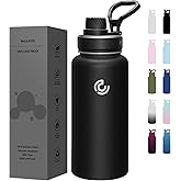 Sports Water Bottle 32oz, Insulated Water Bottle with Handle,Stainless Steel,Simple Modern,Suitable for Travel, School, Boy, Girl(Black)