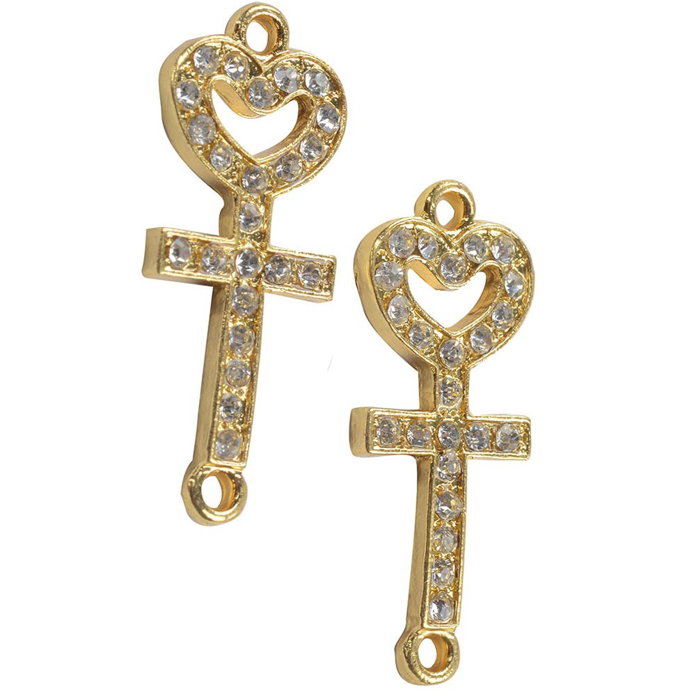 RUBYCA 5pcs Metal Cross Key Sideways Connector Beads Crystal DIY Jewelry Bracelet Gold Tone