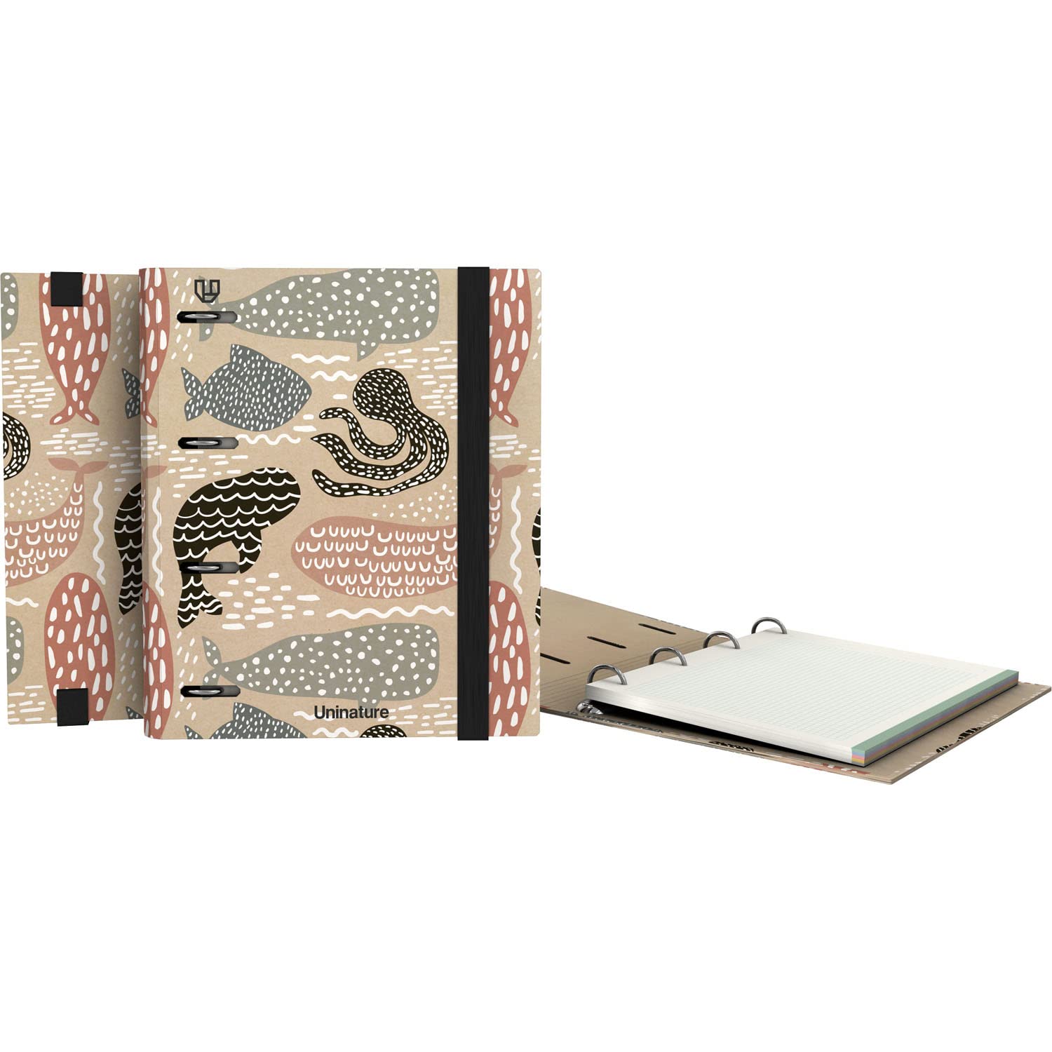 Unipapel - Folder 4 Rings Ecological A5, Includes Refill 90 Recycled Sheets 90g, Grids 5x5, Color Bands, Uninature Design Whales | FSC Recycled 100%, Carpebook