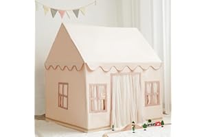 TreeBud Play Tent with Padded Mat, Pennant Banners, Fairy Lights - Cream Kids Playhouse with Multiple Windows for Indoor and Outdoor, Large Play House Toys for Toddler, Boys and Girls