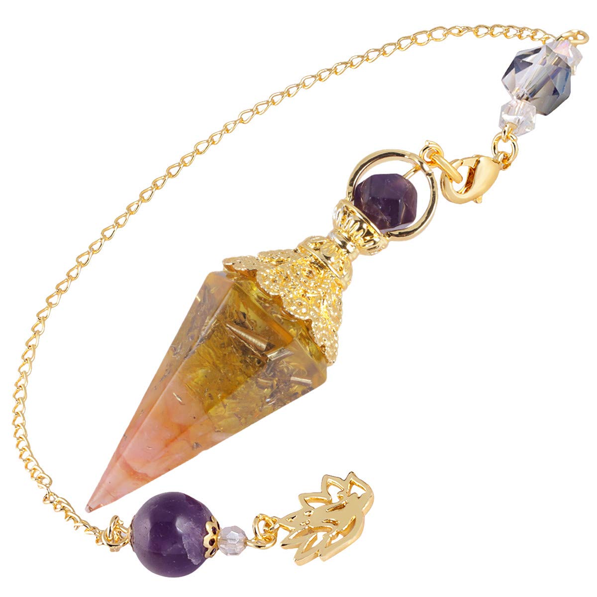 Nupuyai Rock Crystal Rose Quartz Healing Crystal Point Dowsing Pendulum for Divination Scrying, Resin Chip Stone Faceted Hexagonal Pendulum with Chain