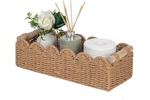 Beige Paper Rope Scalloped Edge Toilet Storage Basket with 2 Wooden Handle Round Organizing Handle Decorative Wicker Baskets 