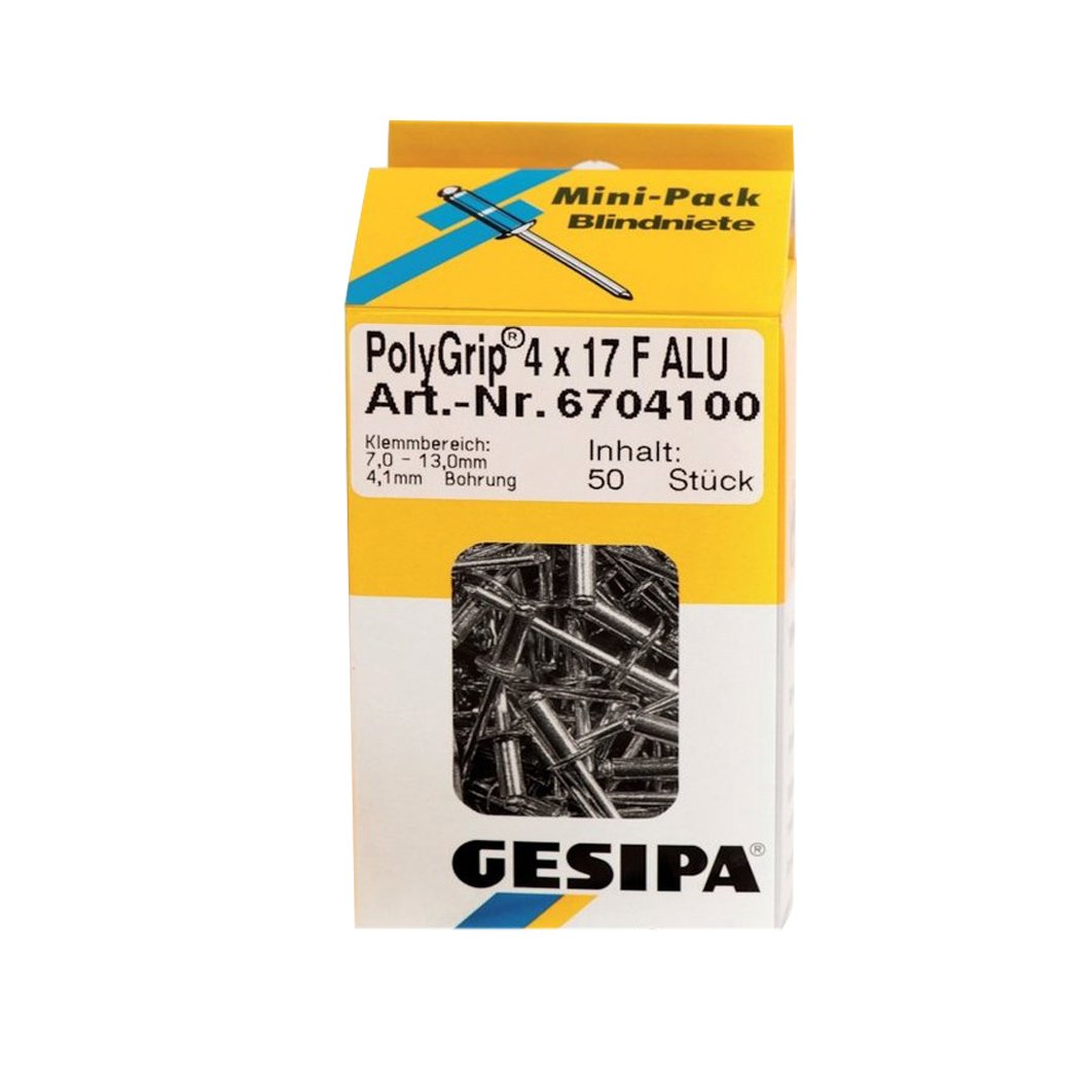 Gesipa 1464826 "PolyGrip" Stainless Steel Blind Rivets, Silver, 4 x 17 mm, Set of 50 Piece