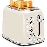 Aigostar Toaster 2 Slice, Retro Extra-Wide Slot, Cream White | Best Rated Prime, For Toasting Bagels, Breads, Waffles &amp; More, Cancel, Defrost &amp; 6 Browning, Removable Crumb Tray