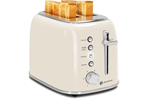 Aigostar Toaster 2 Slice, Retro Extra-Wide Slot Toasters Best Rated Prime for Toasting Bagels, Breads, Waffles & More, Cancel, Defrost & 6 Browning, Removable Crumb Tray, Stainless Steel, Cream White