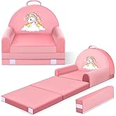 ORWIPO Unicorn Kids Sofa Bed with Removable Washable Cover & Hook and Loop Backrest – Foldable Toddler Chair, Cozy Crystal Velvet Furniture for Playtime, Naps & Travel (Pink, Unicorn Design)