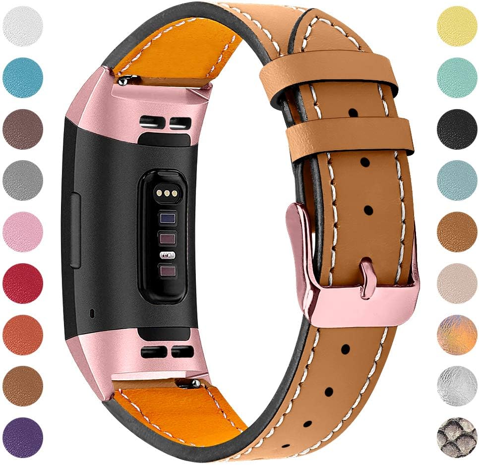 Ameton Color Metal Buckle Leather Strap Band Compatible for Fitbit Charge 3, Adjustable