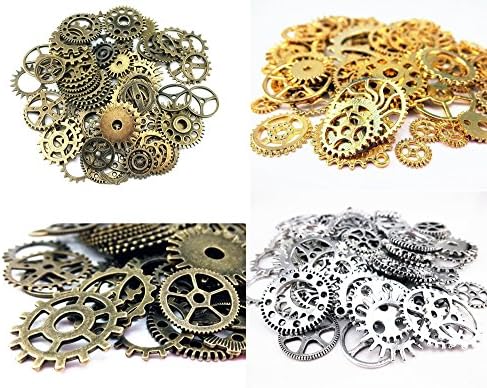 TKmell 50 Gram Assorted Antique Steampunk Gears Charms Pendant Clock Watch Wheel Gear for Crafting, Jewelry Making Accessory (Mixed Colors)