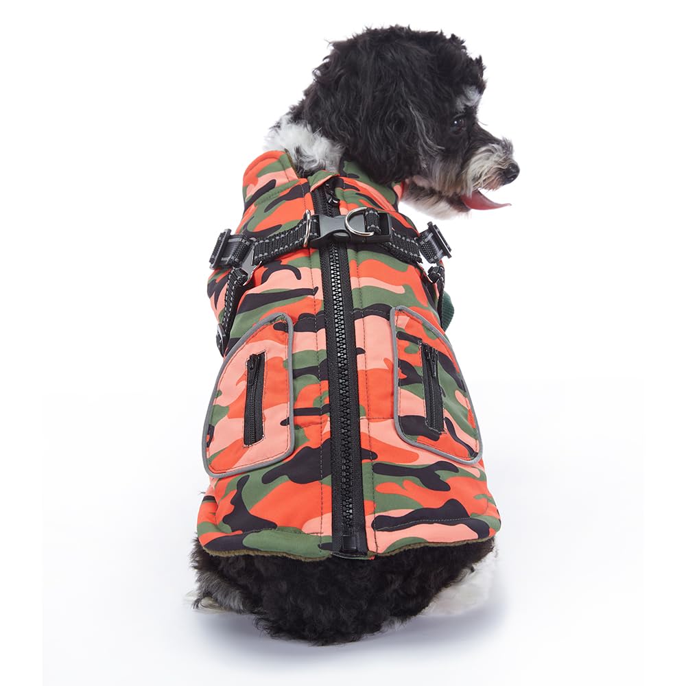 BT Bear Dog Winter Coat,Dog Warm Jacket Reflective With Harness Puppy Cold Weather Vest Windproof Pet Outdoor Clothes for Puppy Small Dogs(M,Orange Camouflage)