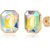 EVEVIC Octagon Austrian Crystal Dainty Stud Earrings for Women | 14K Gold Plated,Hypoallergenic S925 Sterling Silver Post,Brilliant Octagon Cut,Minimalist Design for Daily Looks