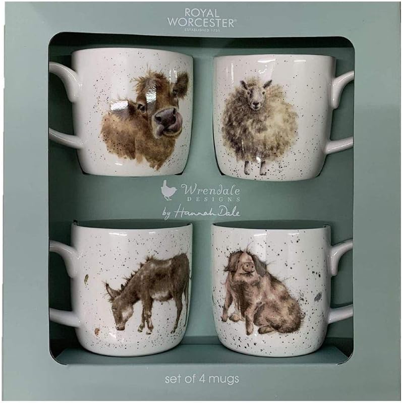 Royal Worcester x Wrendale Designs Set of 4 Coffee Mugs in Gift Box, Fine Bone China Mugs with Handle