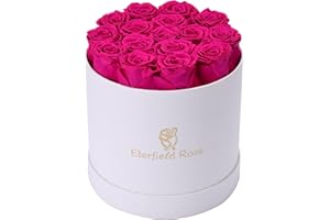 Eterfield Preserved Roses That Last a Year Eternal Rose in a Box Real Rose Without Fragrance Gift for Her (16 Hot Pink Roses, Round White Box)