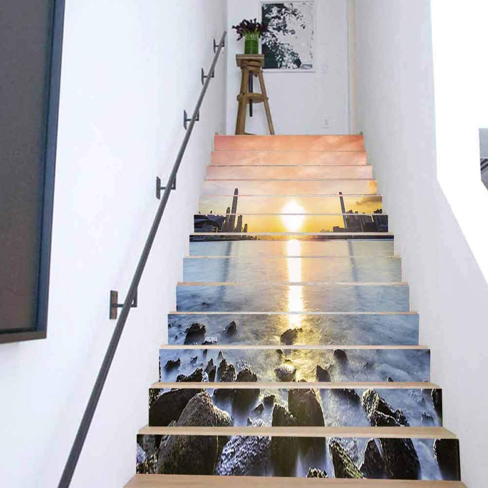 Self-Adhesive PVC Stair Sticker Murals, Hong Kong Sunset, Removable Wallpaper Murals for Home Decorative 43.3 x 7 08 Inch 13PCS/Set
