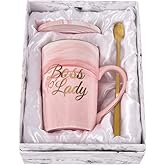 Boss Lady Coffee Mug for Women Boss Lady Gifts for Boss Woman Coffee Mug Appreciation Mug for Boss Day Mug for Boss Boss Lady Mugs Printing with Gold 14Oz with Exquisite Box Packing Spoon and Coaster