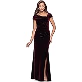 Xscape Womens Velvet Asymmetrical Neck Short Sleeve Floor Length Dress