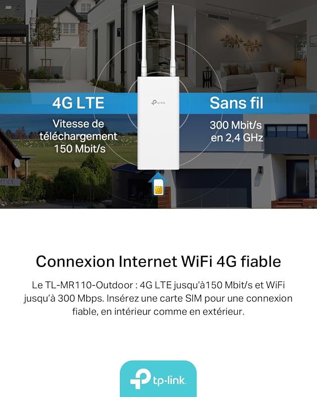 TL-MR110-Outdoor Routeur 4G LTE jusqu'à 150 Mbps, WiFi 300 Mbps, Étanche IP65, WiFi N300, Antennes 4G Amovibles, Idéal Zones Rurales et Sites Distants, Plug & Play, sans Box, Montage Facile