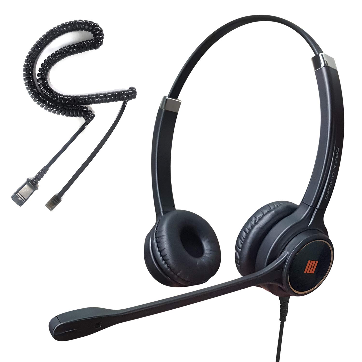 IPD IPH-255 Optimo-X Duo Ear Noise canceling,Corded headset for Call center,Office and Landline phones w U10P bottom cable w RJ9 jack works with Poycom