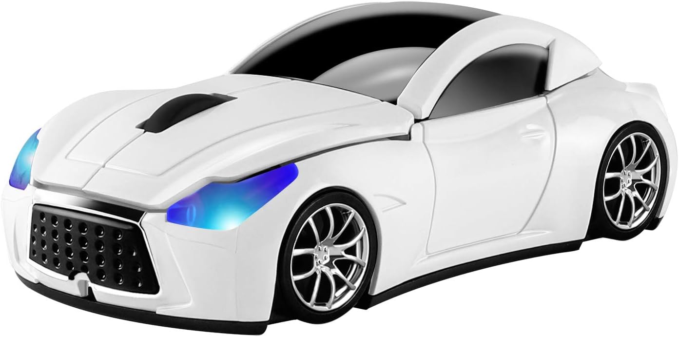 Usbkingdom Cool Sport Car Shaped 2.4GHz Wireless Mouse Optical Cordless Mice with USB Receiver for PC Laptop Computer 1600DPI 3 Buttons White