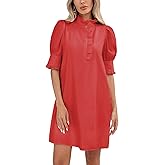 YEXPINE Women's Puff Short Sleeve Stand Ruffle Collar Summer Dress Casual A Line Shift Mini Dress with Pockets