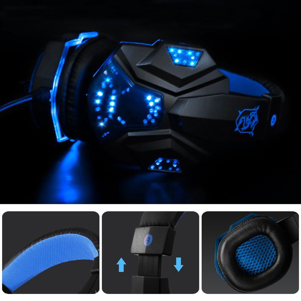 Hyfanda Gaming Headset Over-Ear Headphones Stereo Bass LED Light Noise Reduction Earphones with Mic for PC Game (Black Blue)